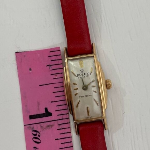 Rolex Vintage Swiss Oyster Perpetual Yellow Gold Red Leather Strap Women's Watch - Picture 13 of 17